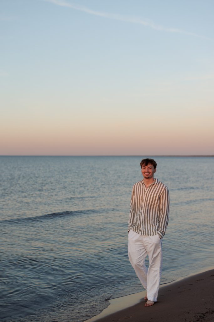 Jaymeson senior portrait session on Duluth beach, Superior Sunset Studio photography.