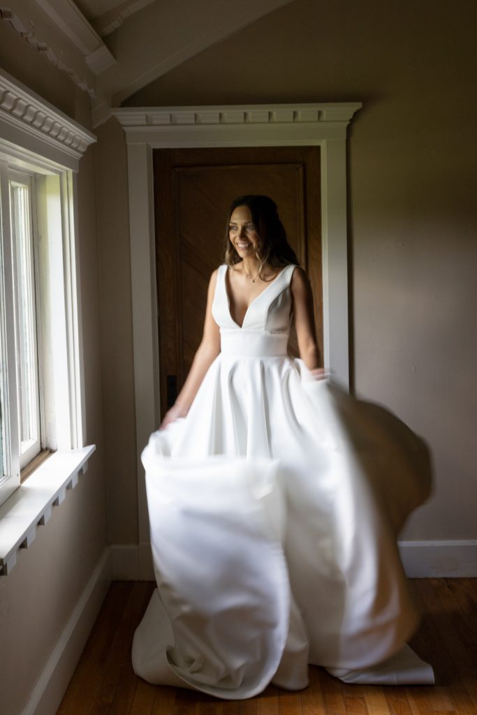Bride in wedding dress at Stout’s Island Lodge, Birchwood, Wisconsin, wedding photography.