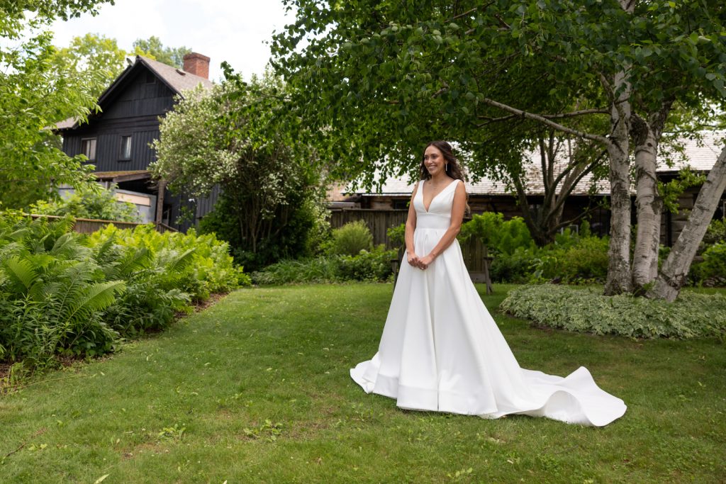 Bride in wedding dress on Stout’s Island, Wisconsin, turn-of-the-century resort setting