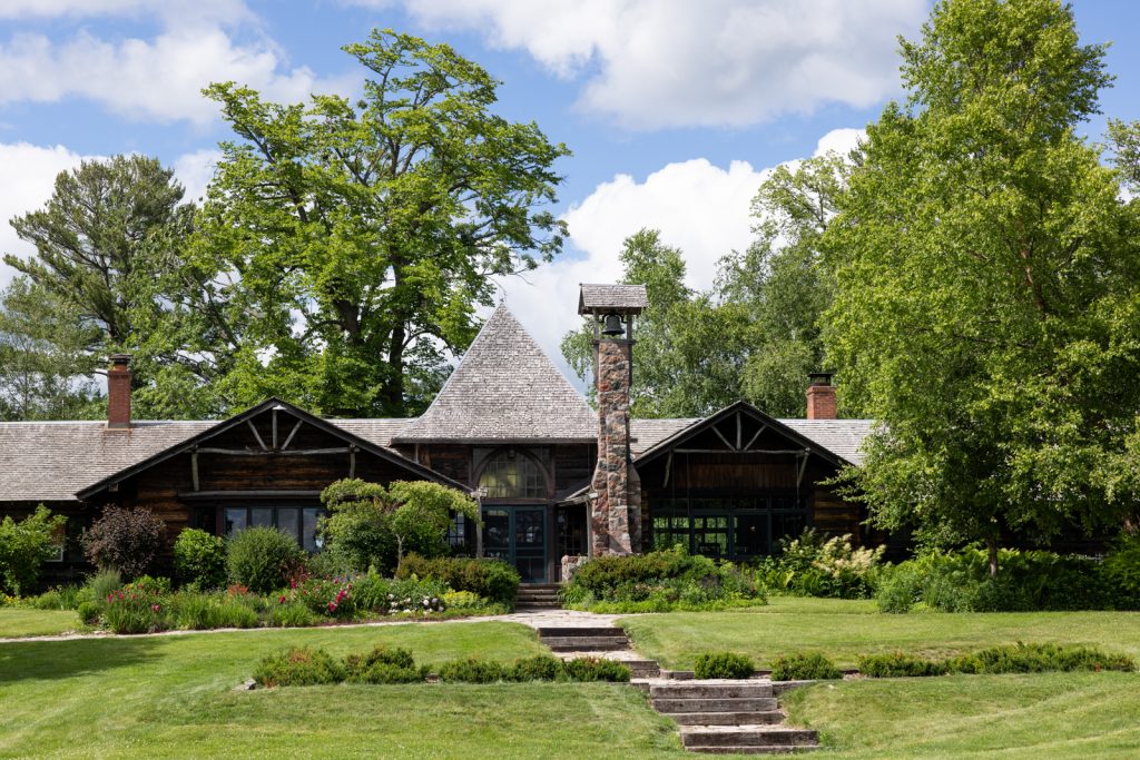 Stout’s Island Lodge building and bell tower on Red Cedar Lake, Wisconsin wedding venue