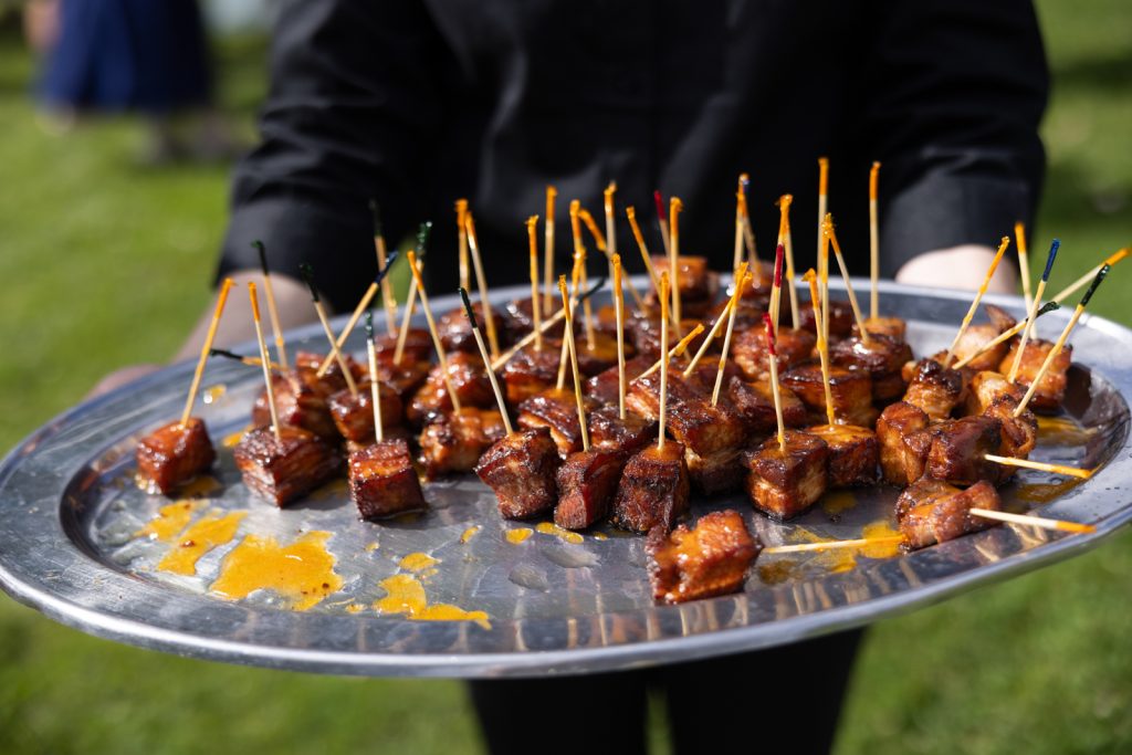 Wedding appetizers on silver platter at Stout’s Island wedding in Birchwood, Wisconsin.