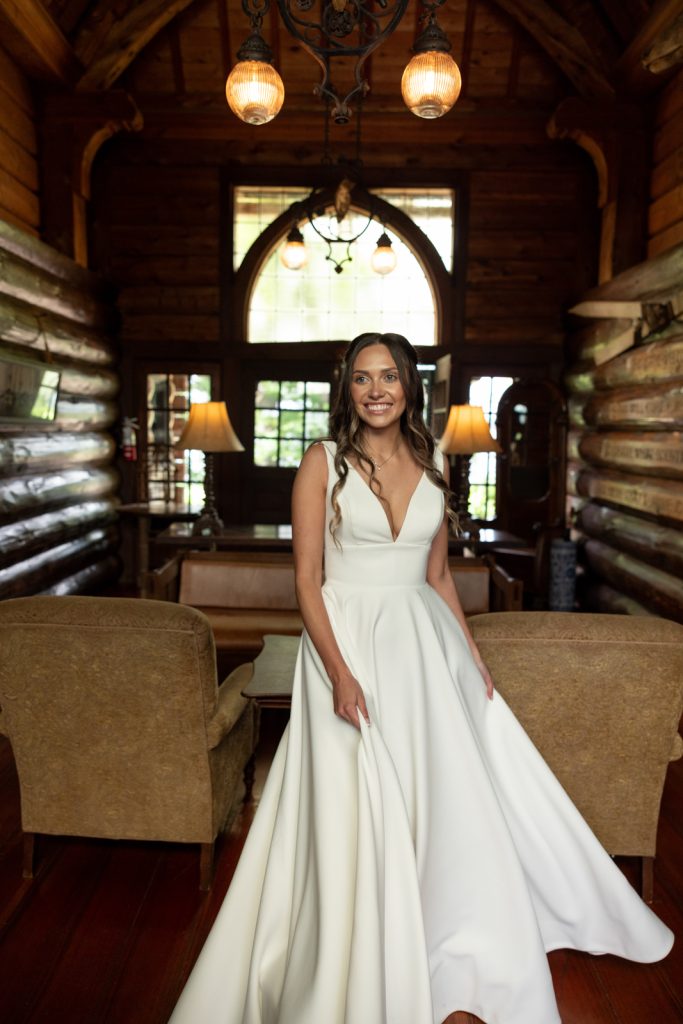 Bride in wedding dress at Stout’s Island Lodge, Birchwood, Wisconsin wedding photography.
