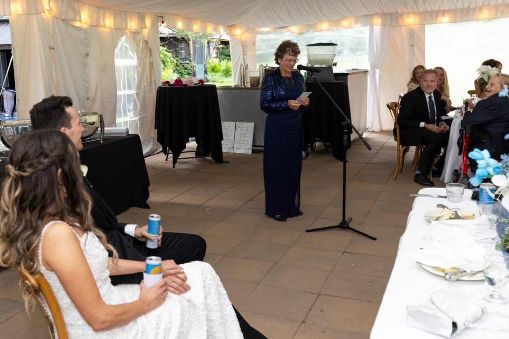 Wedding reception at Stout’s Island Lodge, Birchwood, Wisconsin, with guests and speaker at microphone.