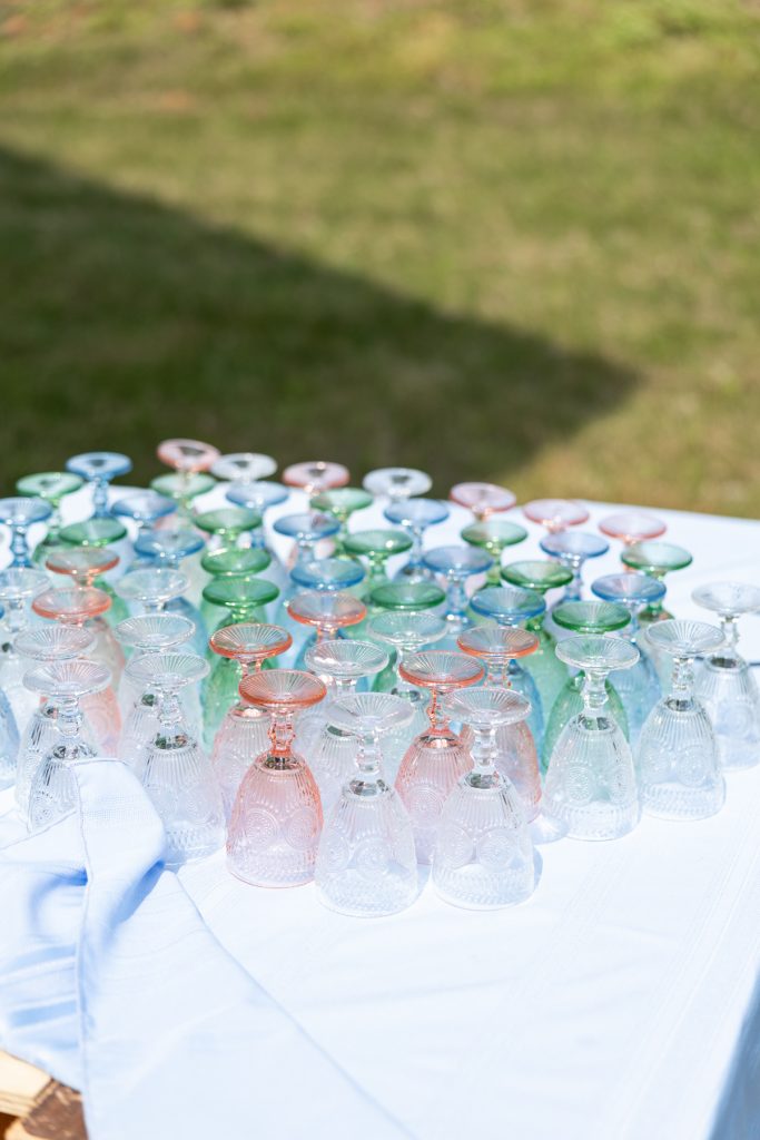 Colorful glassware arrangement for a wedding reception in Hayward, WI.