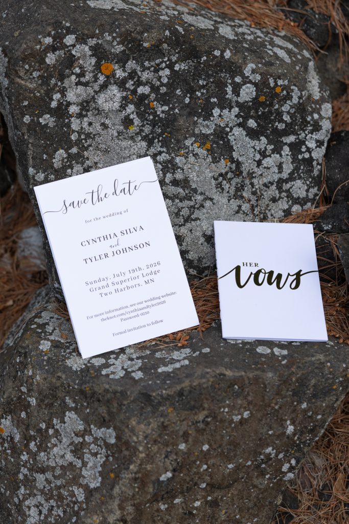 Save the date card for Cynthia Silva and Tyler Johnson's wedding at Grand Superior Lodge