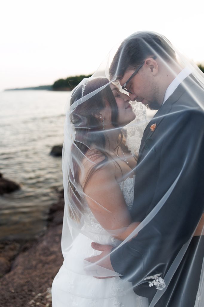 Bride and groom sharing a tender moment, partially veiled in flowing tulle, captured by Wisconsin