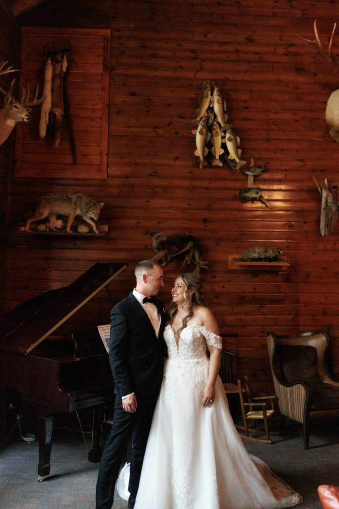 Bianca and Nick, the happy couple, share a loving moment at their Lakewoods Resort wedding