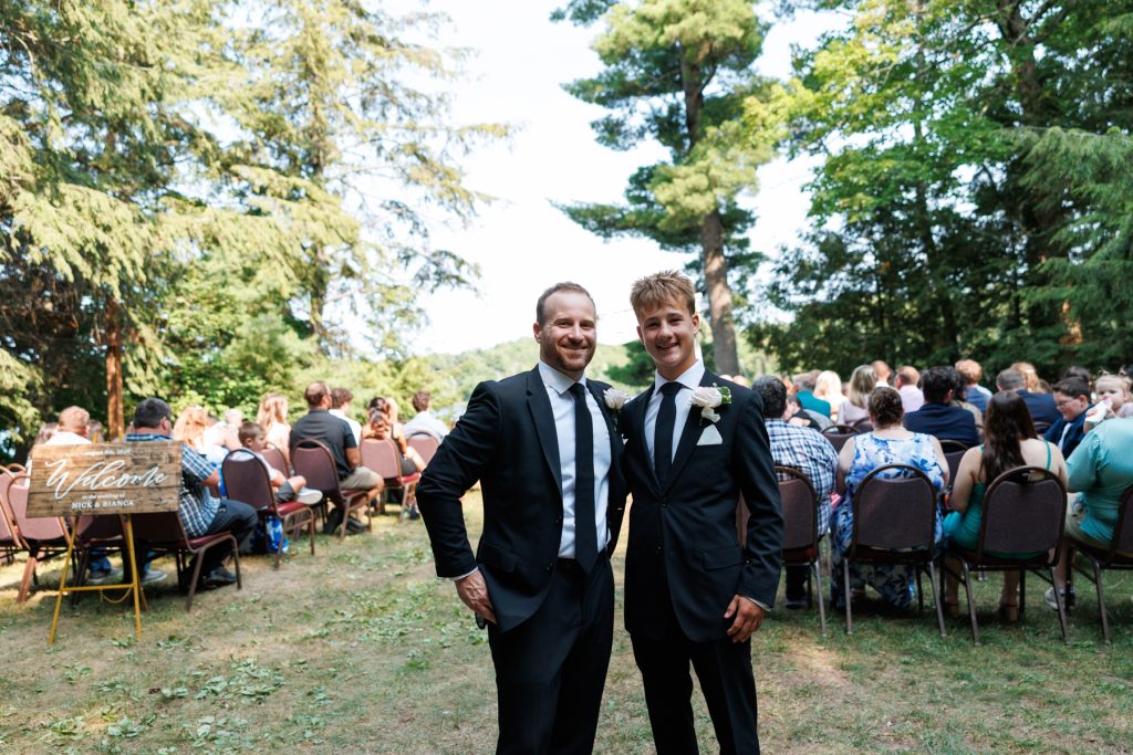 Grooms Bianca and Nick pose for a portrait at their destination wedding at Lakewoods Resort