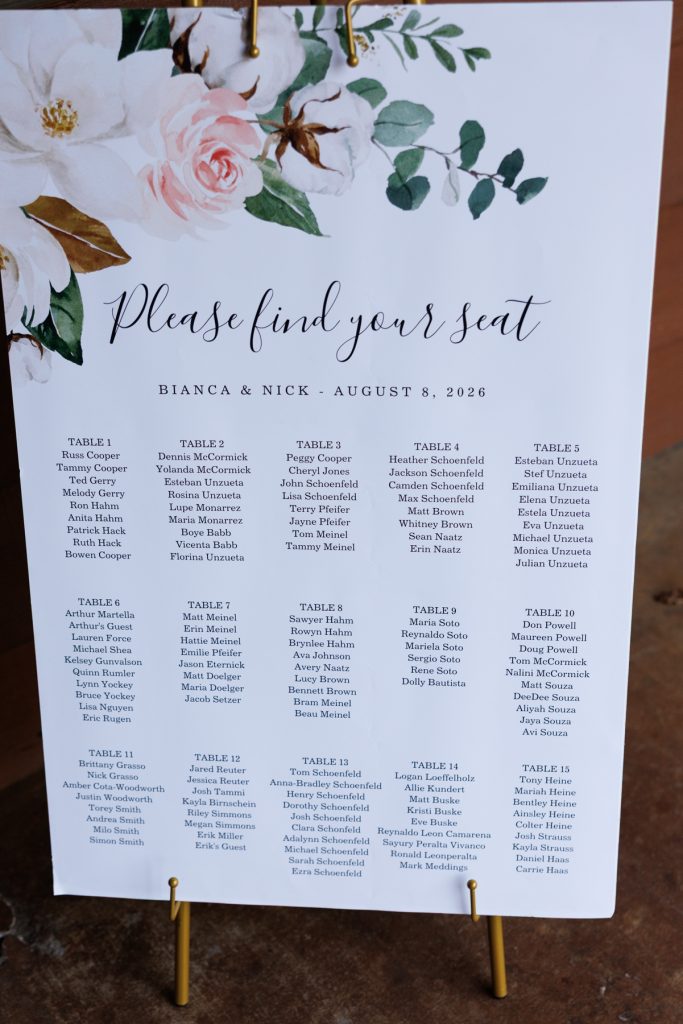 Elegant seating chart detail from Bianca and Nick’s Lakewoods Resort wedding in Cable, Wisconsin, showcasing